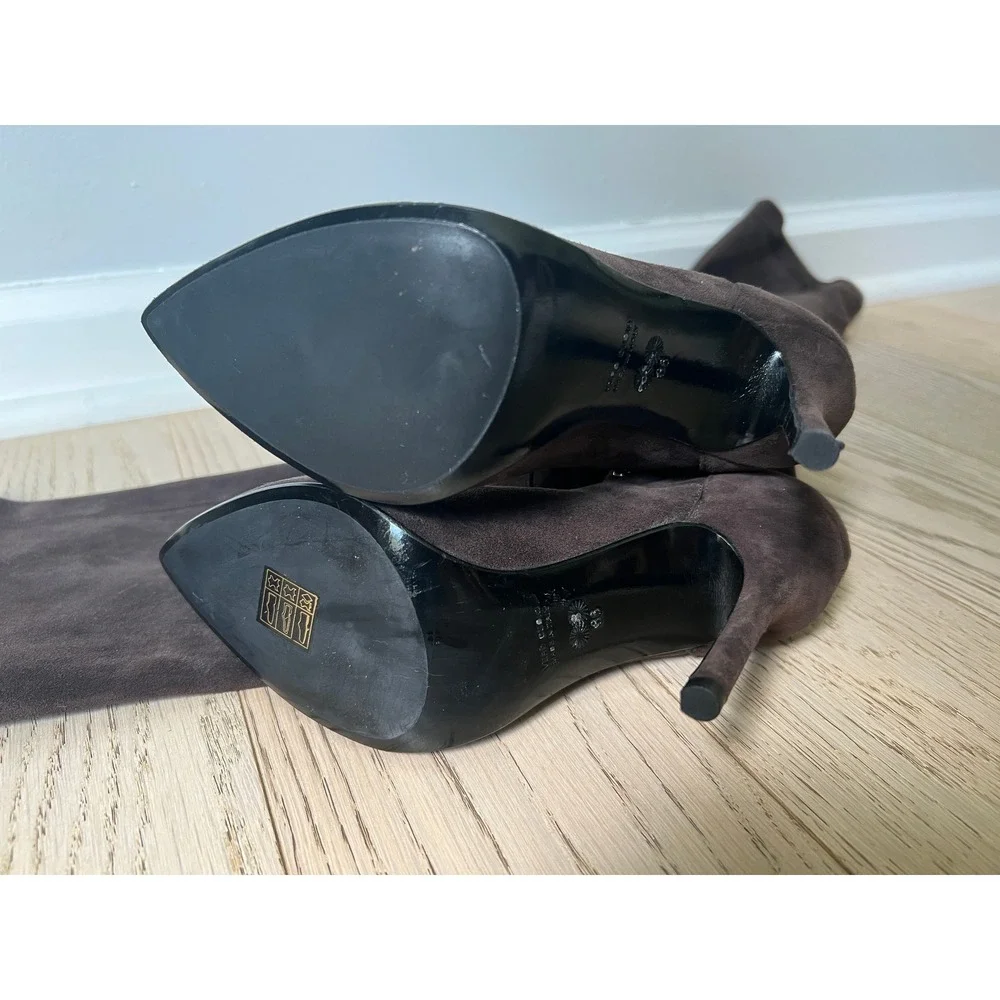 BALDAN Italy Brown Suede Over-The-Knee Boots Gold Cap Toe Stiletto 36 NWOB